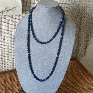 Vintage MONET 54” inch Long Gold & Navy Blue Beaded Necklace